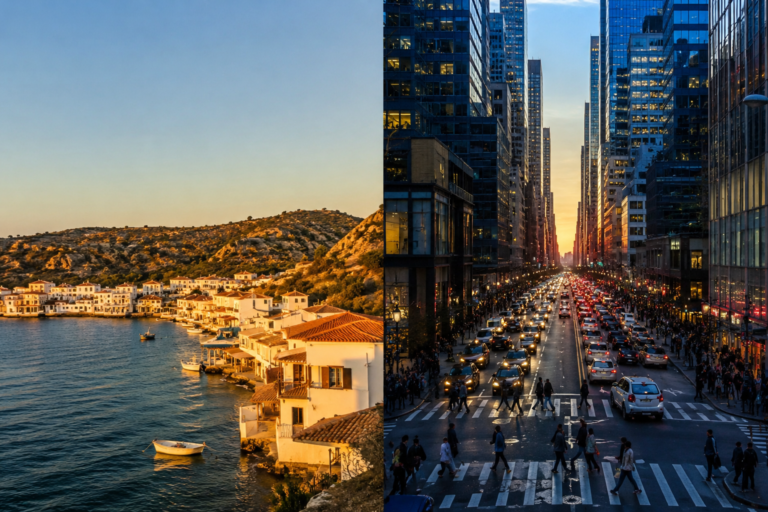 Contrast between small coastal town living and busy big city lifestyle for remote workers and digital nomads