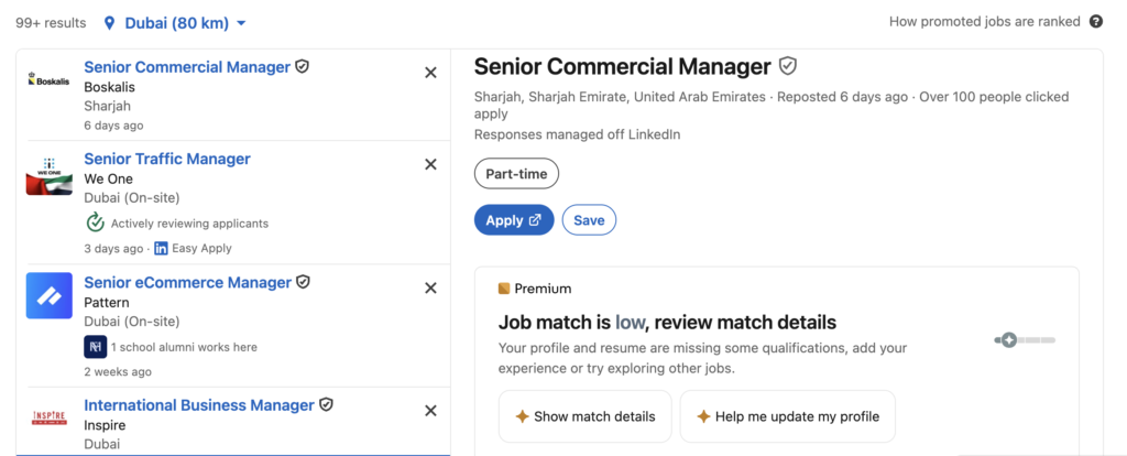 LinkedIn job search results in Dubai showing highly competitive vacancies and low job match recommendations