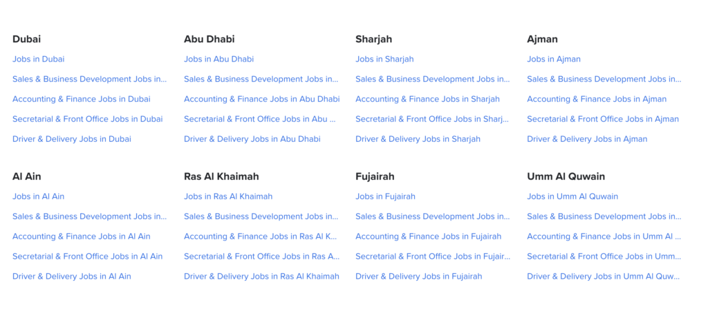Dubai job search listings showing employment categories across UAE cities including Dubai, Abu Dhabi, Sharjah, and Ajman