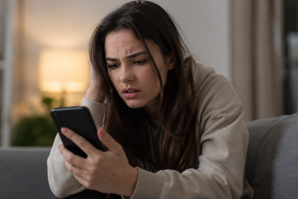 Confused young woman looking at her phone after noticing her friend disappeared again because of a new relationship