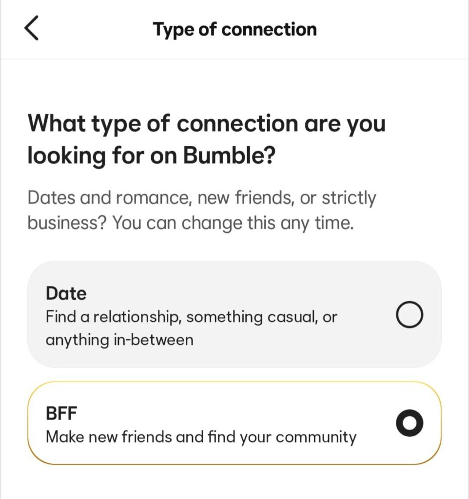 Bumble BFF app screen showing how adults can make new friends and build social connections in a new city