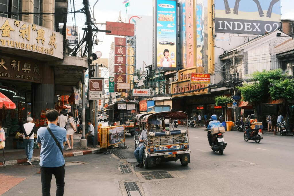 Busy street life in Bangkok Thailand popular among digital nomads