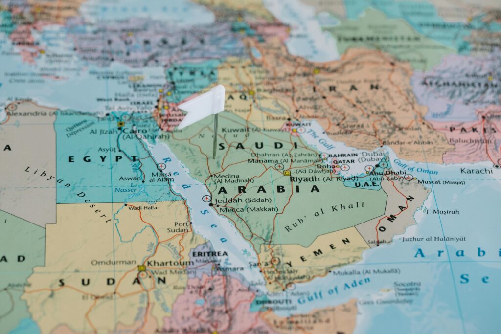 Middle East map representing MENA countries with digital nomad visas and remote work relocation