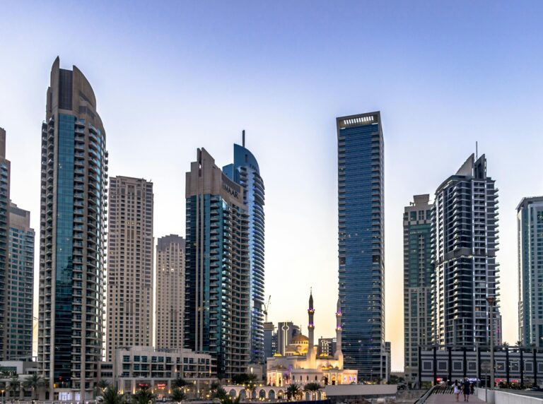 Dubai Marina skyline with modern skyscrapers and luxury residential towers in the United Arab Emirates