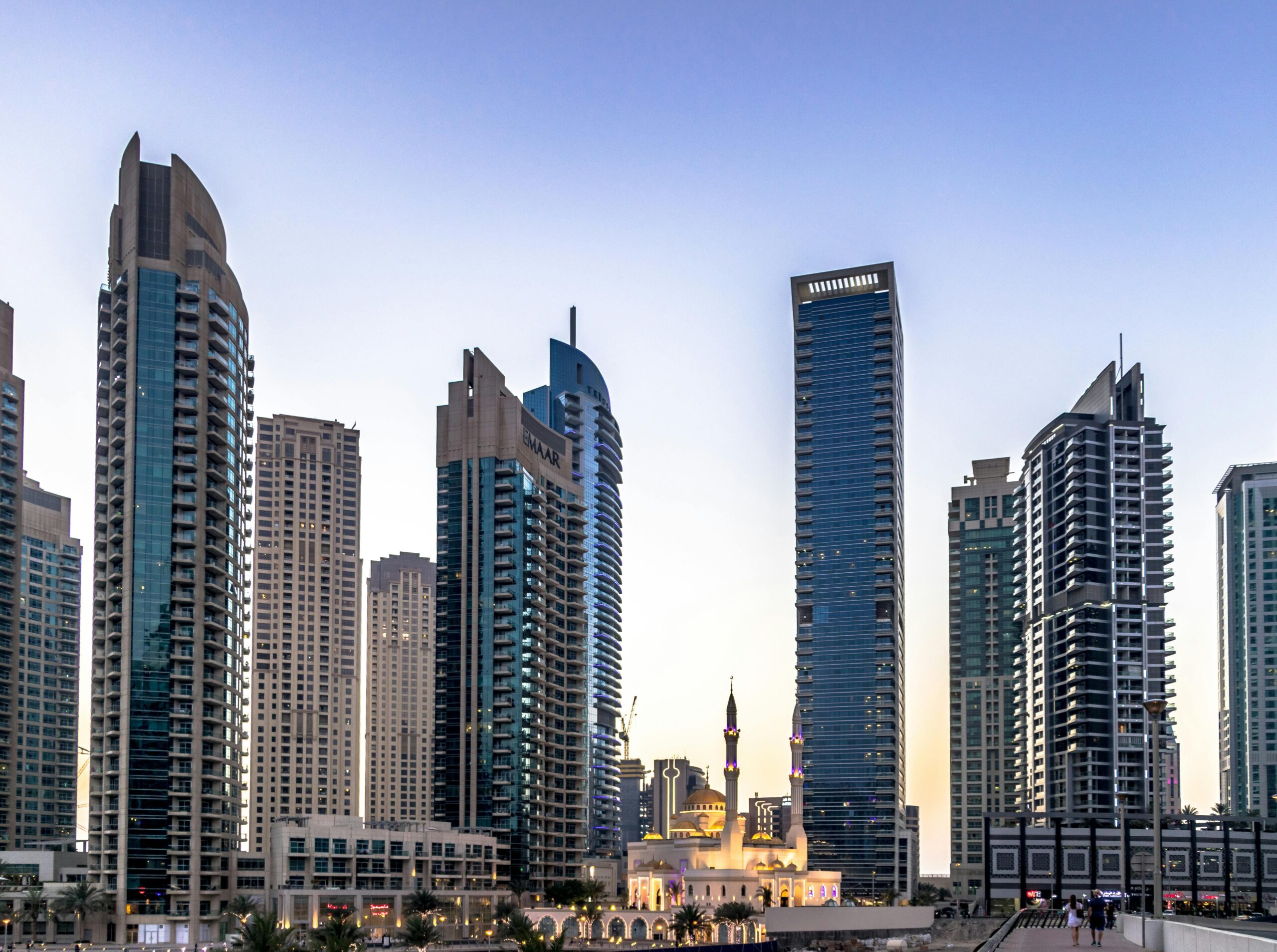 Dubai Marina skyline with modern skyscrapers and luxury residential towers in the United Arab Emirates