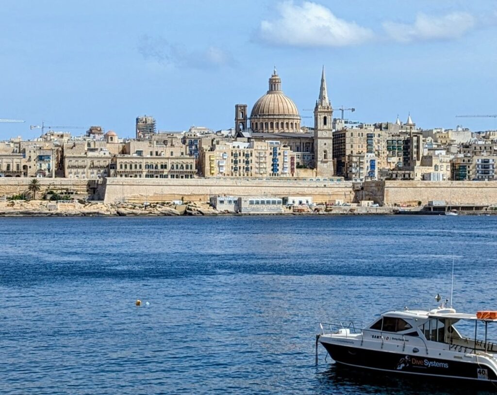 View of Valletta skyline and Mediterranean waterfront in Malta