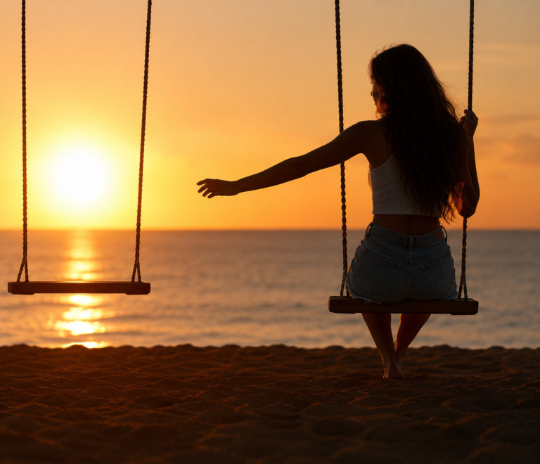 Lonely young woman sitting on a swing at sunset reflecting on friendships that changed after relationships