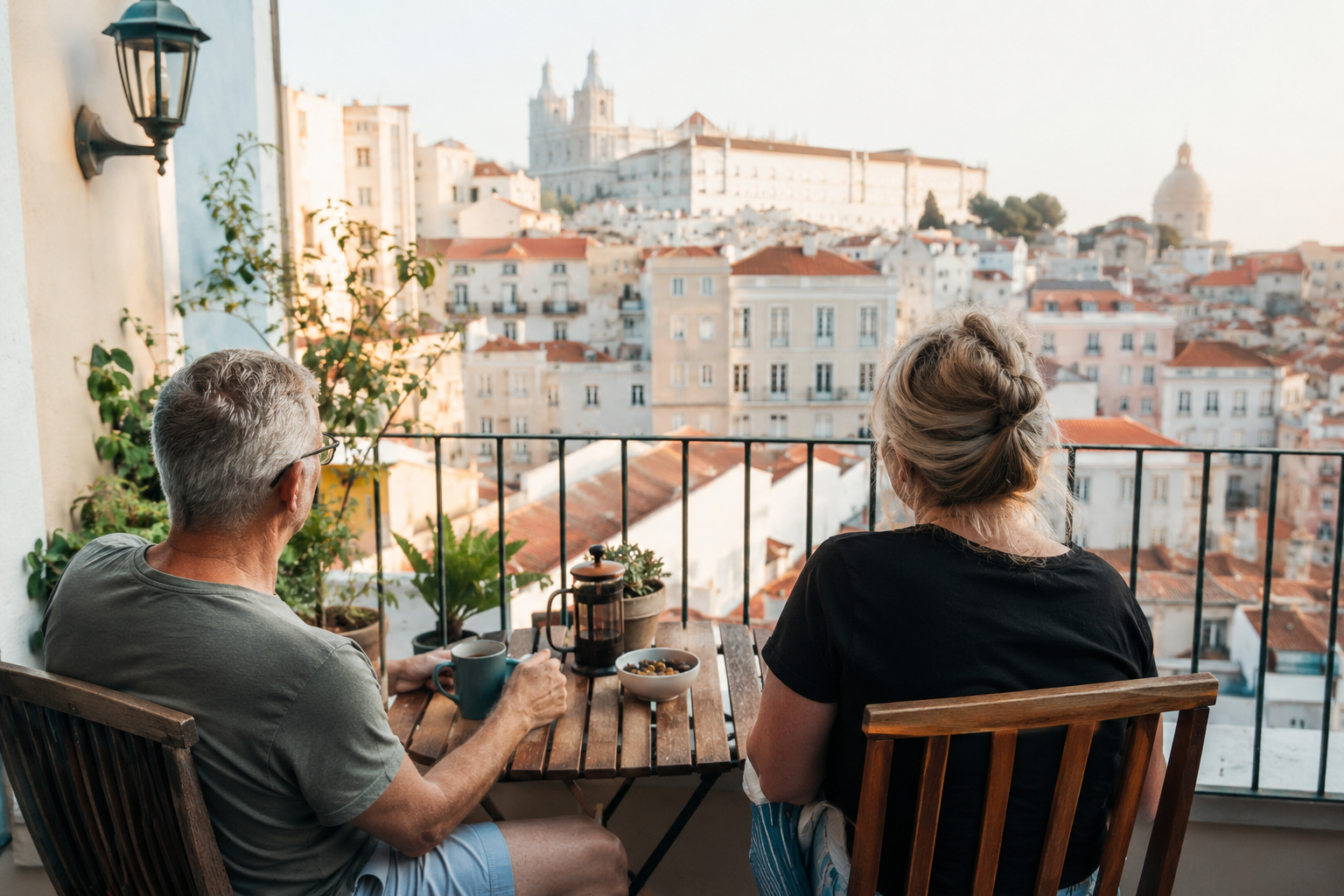 Mature expat couple enjoying retirement abroad from a city apartment terrace overlooking a European city