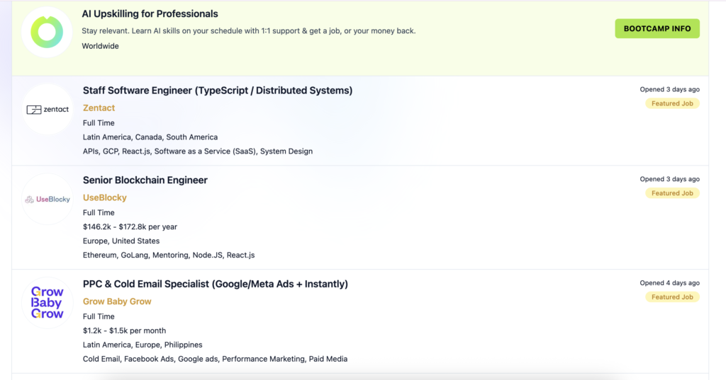 Dynamite Jobs remote job board displaying remote job listings in software engineering, marketing, blockchain, and digital careers.