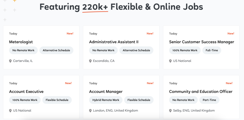 FlexJobs website displaying flexible remote jobs, hybrid positions, and work-from-home opportunities across multiple industries.