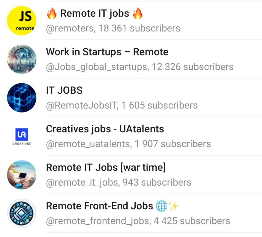 Telegram channels and groups sharing remote job opportunities, startup jobs, IT positions, and location-independent work.
