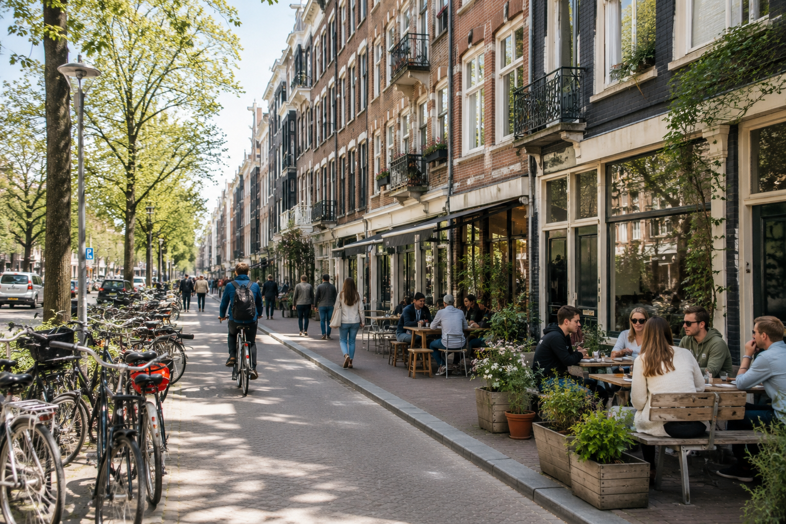 Amsterdam residential neighborhood popular with expats, featuring bicycles, outdoor cafés, apartment buildings, and everyday city life.