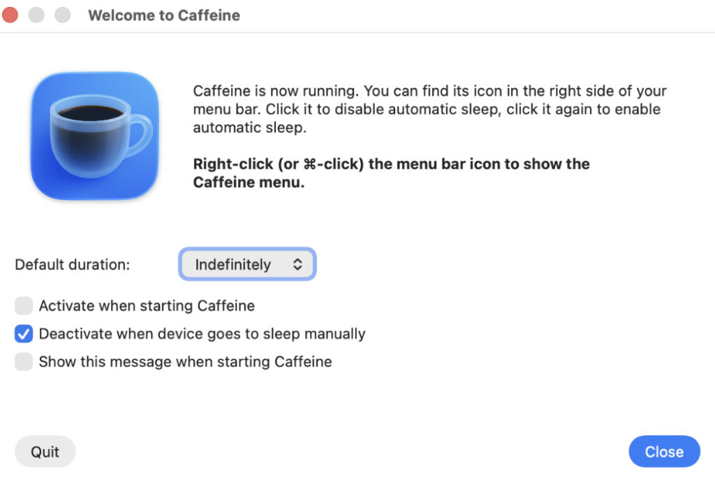 Caffeine application running on macOS with settings configured to prevent automatic sleep, commonly used by remote workers to keep Slack active and avoid Away status.