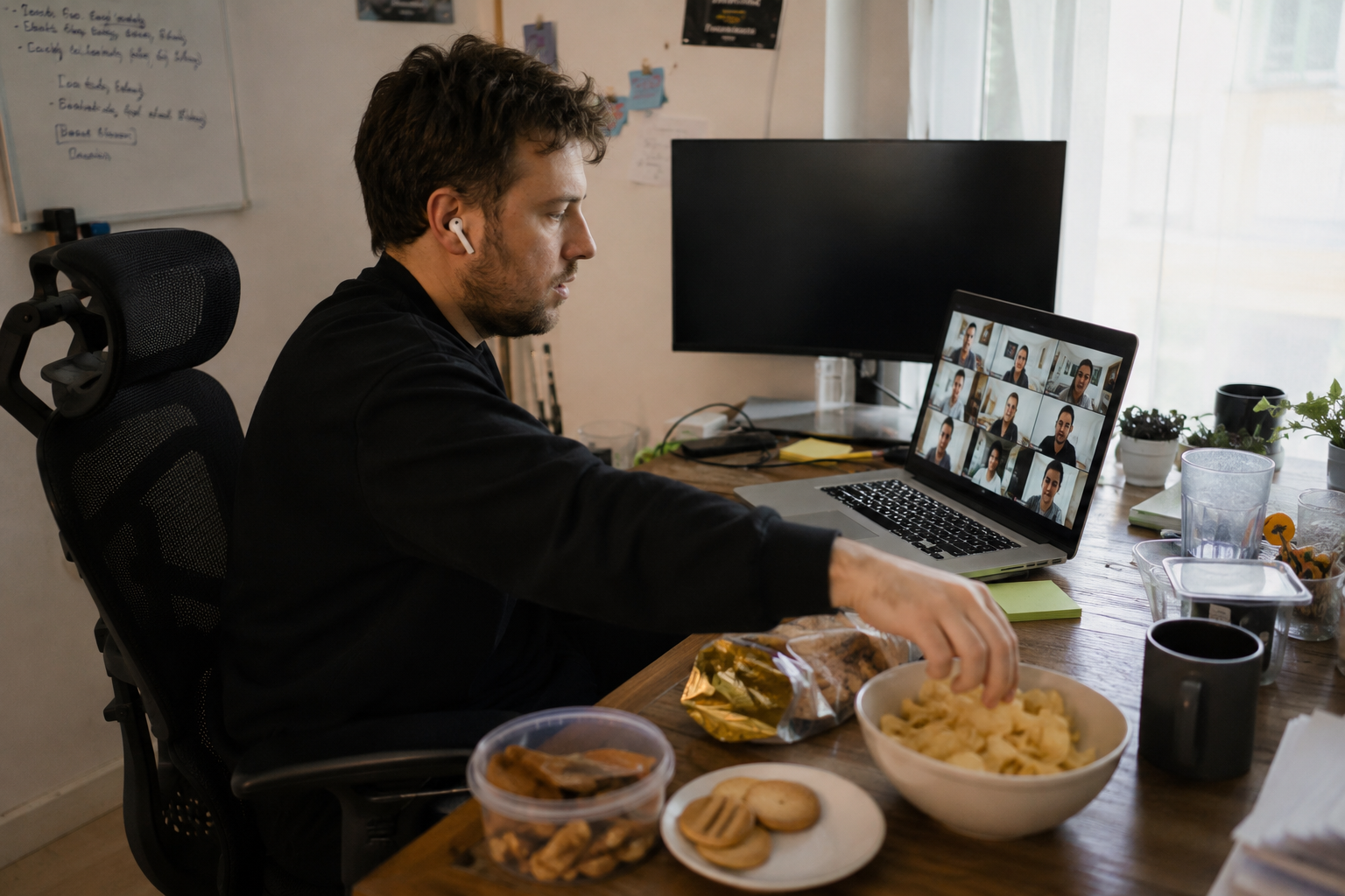 Remote worker reaching for snacks during a video meeting while working from home, illustrating common habits linked to remote work weight gain.
