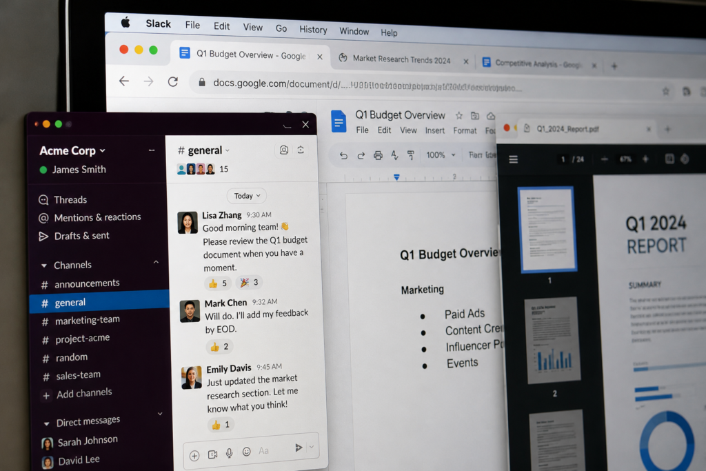 Slack workspace showing an active green status alongside Google Docs, browser tabs, and PDF reports, illustrating remote work and productivity while staying active on Slack.