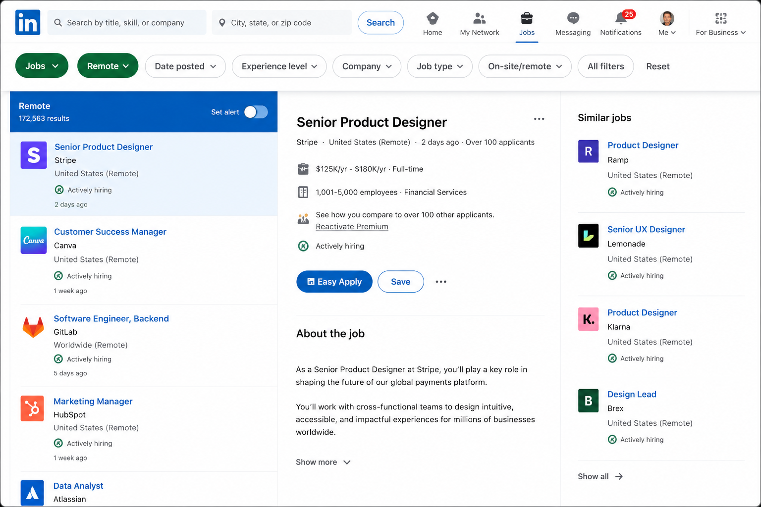 LinkedIn remote jobs search results with the Remote filter enabled and multiple remote job listings displayed.
