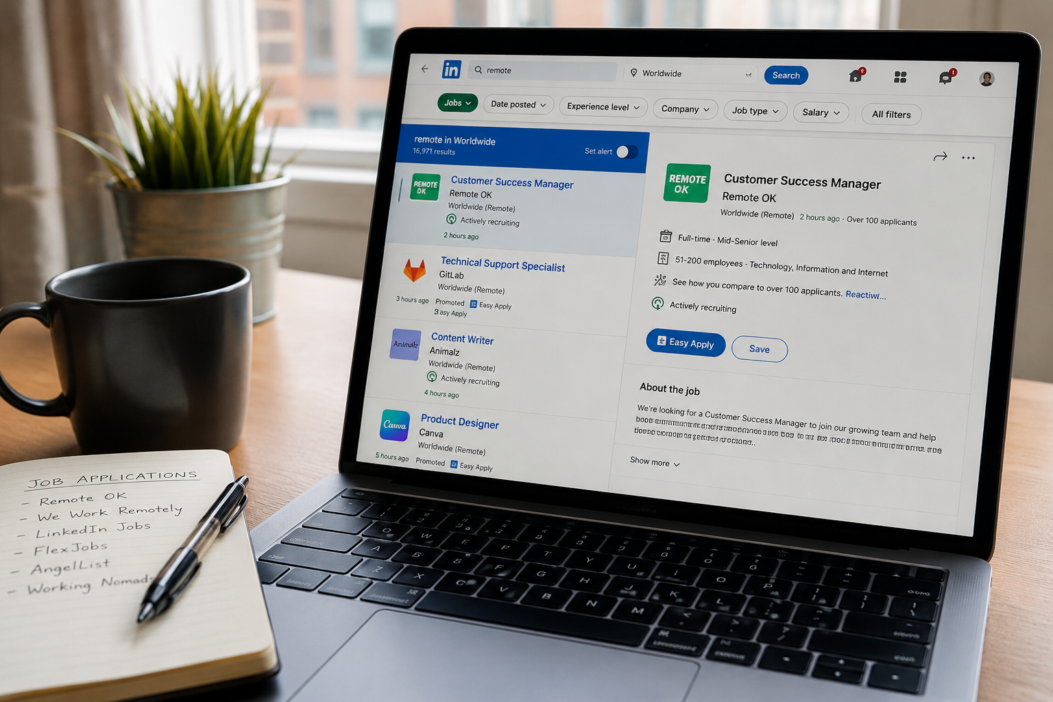 Laptop displaying LinkedIn and Remote OK job listings during a remote job search from a home workspace.