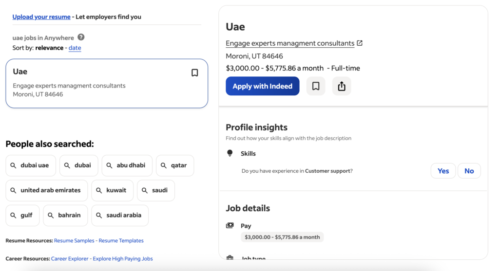 Indeed remote job search results showing job listings, salary information, and application options for remote work opportunities.