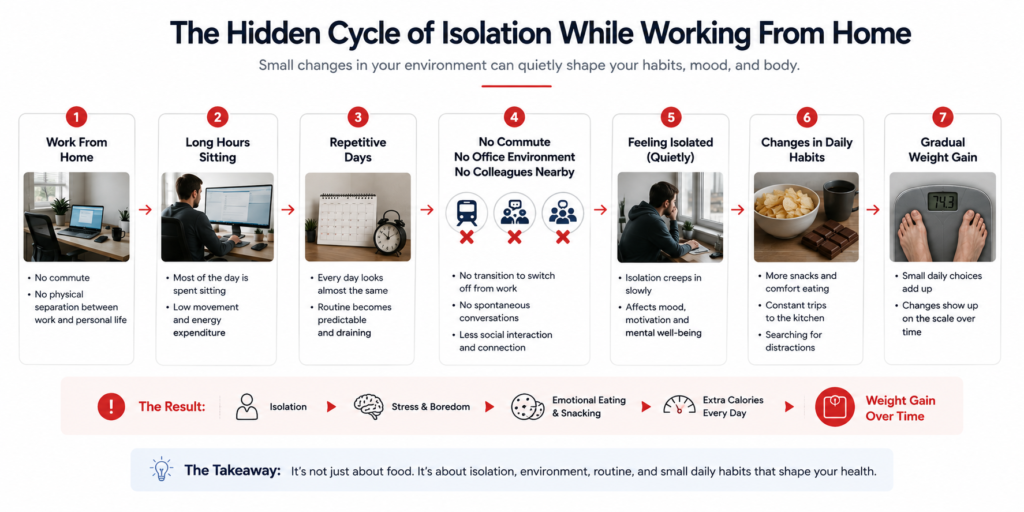 Infographic showing how isolation while working from home can lead to emotional eating, increased snacking, and gradual weight gain through changes in daily habits and routines.