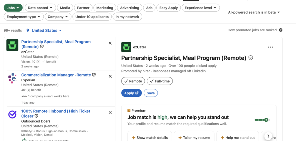 LinkedIn Jobs search page showing remote job listings and remote work opportunities.