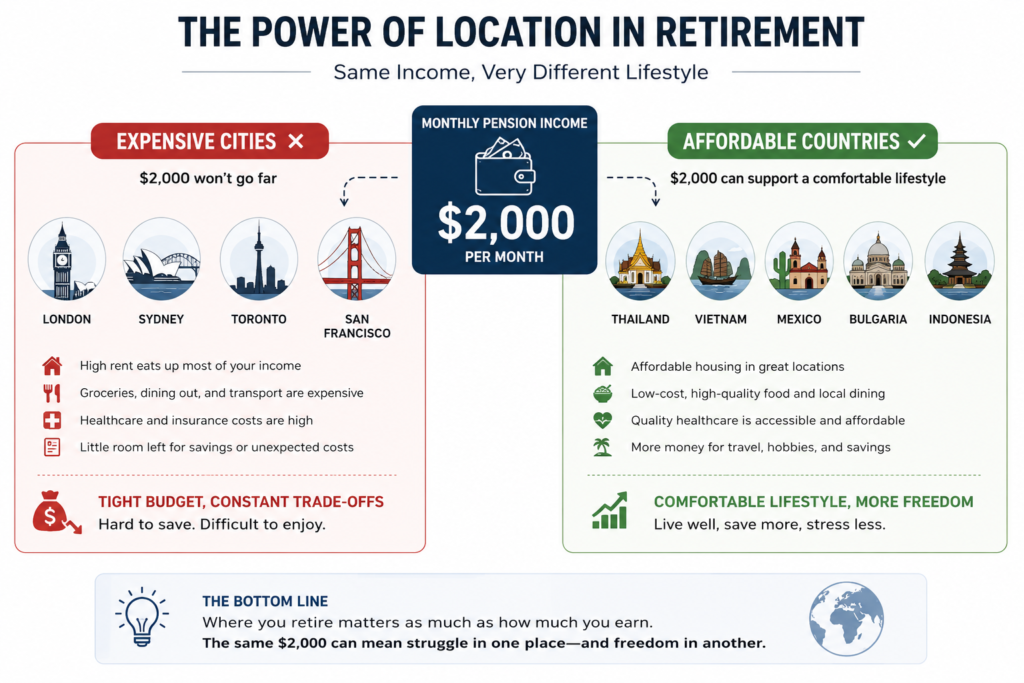 Infographic comparing how a $2,000 monthly retirement income supports different lifestyles in expensive cities versus affordable retirement destinations abroad.