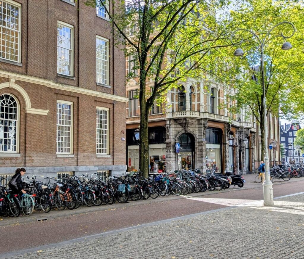 Amsterdam neighborhood with historic buildings, tree-lined streets, and rows of bicycles parked along the road.