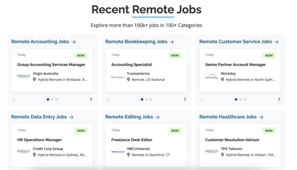 Remote.co job board displaying remote job categories and remote work opportunities across multiple industries.