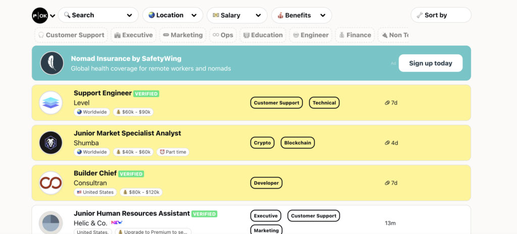 Remote OK job board showing remote job listings for customer support, marketing, engineering, and executive roles.