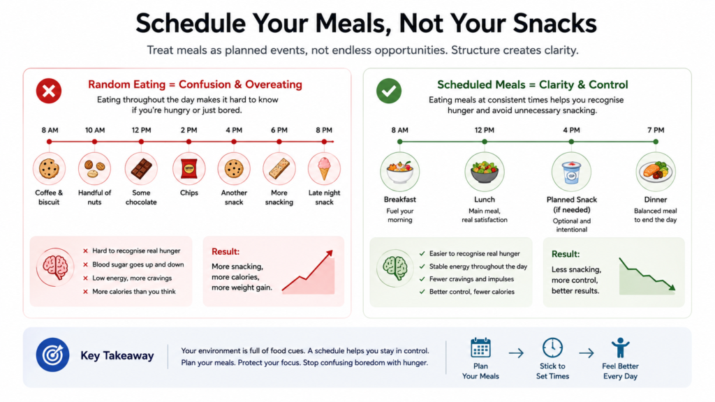 Infographic comparing random snacking throughout the workday with scheduled meal times, showing how structured eating helps reduce unnecessary snacking and improve hunger awareness.
