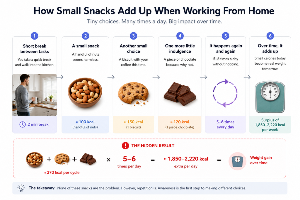 Infographic showing how small snacks throughout the workday can contribute to weight gain while working from home through repeated daily habits and mindless eating.