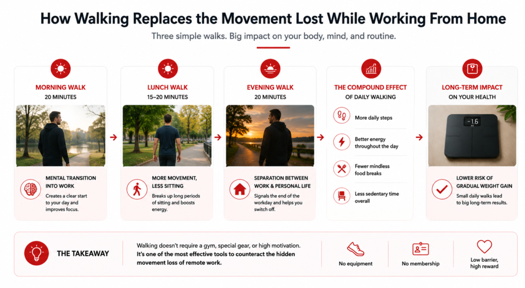 Infographic showing how short daily walks can replace the movement lost while working from home and help improve energy, reduce sedentary time, and support healthy weight management.