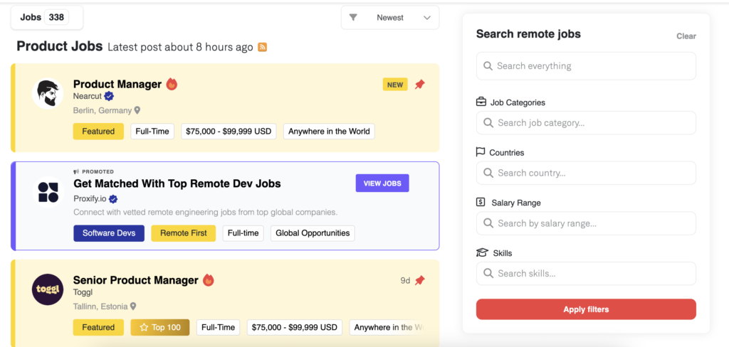 We Work Remotely job board showing remote job listings and remote work search filters.