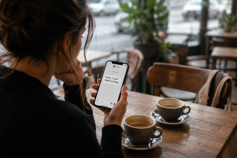 Woman reading a last-minute text message cancelling coffee plans while sitting alone in a café.