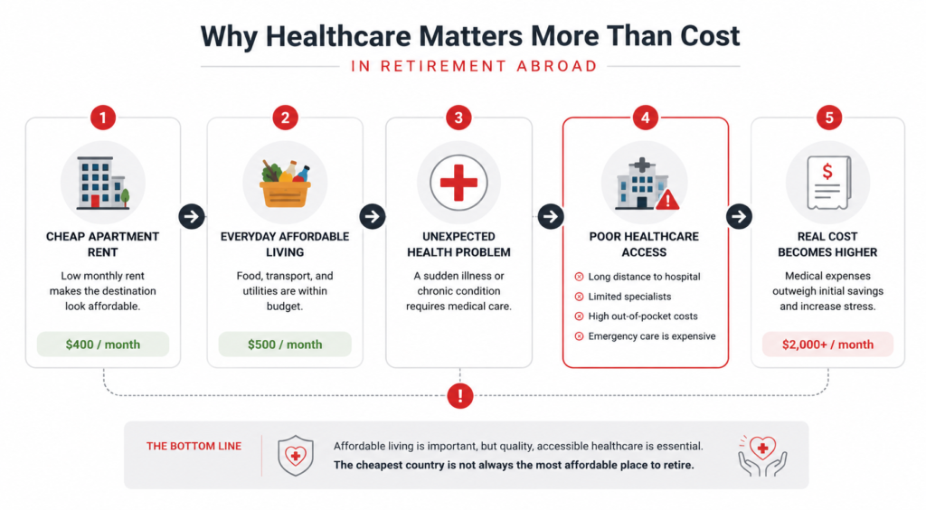 Infographic showing how poor healthcare access can make a cheap retirement destination more expensive over time through medical emergencies, specialist shortages, and healthcare costs.