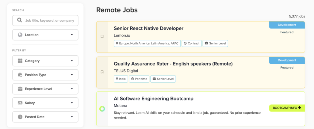 Working Nomads remote job board displaying remote job listings, filters, and work-from-anywhere opportunities.