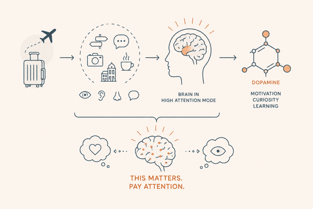 Infographic showing how travel stimulates the brain through new experiences, increasing attention and dopamine associated with motivation, curiosity, and learning.