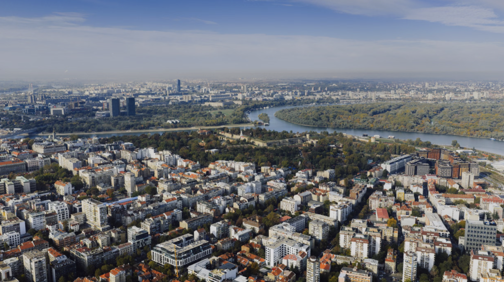 Aerial view of Belgrade, Serbia with the Sava and Danube rivers