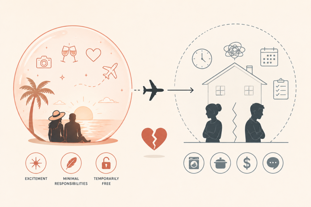 Infographic comparing the idealized world of a travel romance with the realities of everyday life, showing how temporary freedom and excitement can make airport goodbyes feel especially painful.