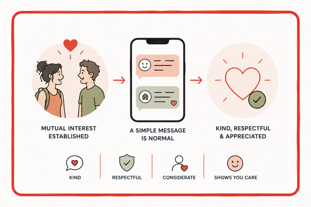 Infographic showing that sending a simple, thoughtful message after meeting someone while travelling is appropriate when mutual interest has already been established.