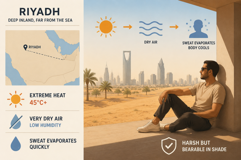 Infographic explaining why Riyadh's dry desert climate feels more bearable than humid coastal cities despite temperatures above 45°C.