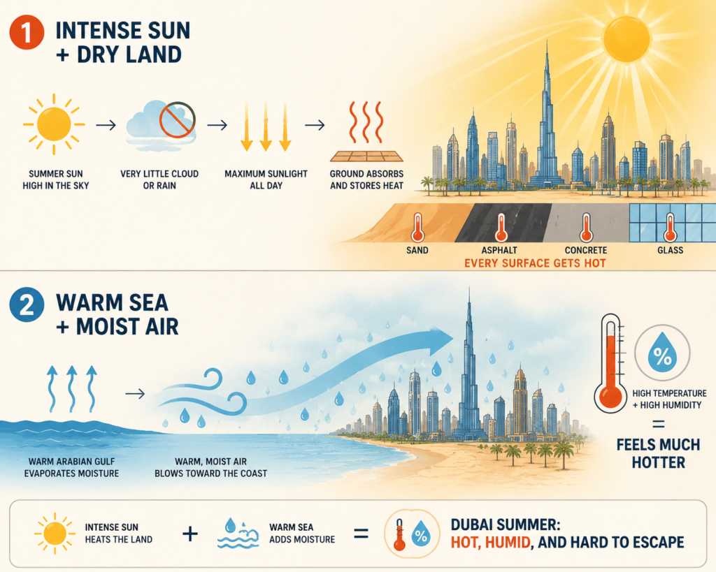 Infographic explaining why Dubai is so hot in summer, showing how intense sunshine, dry desert land and warm humid air from the Arabian Gulf combine to create extreme summer heat.