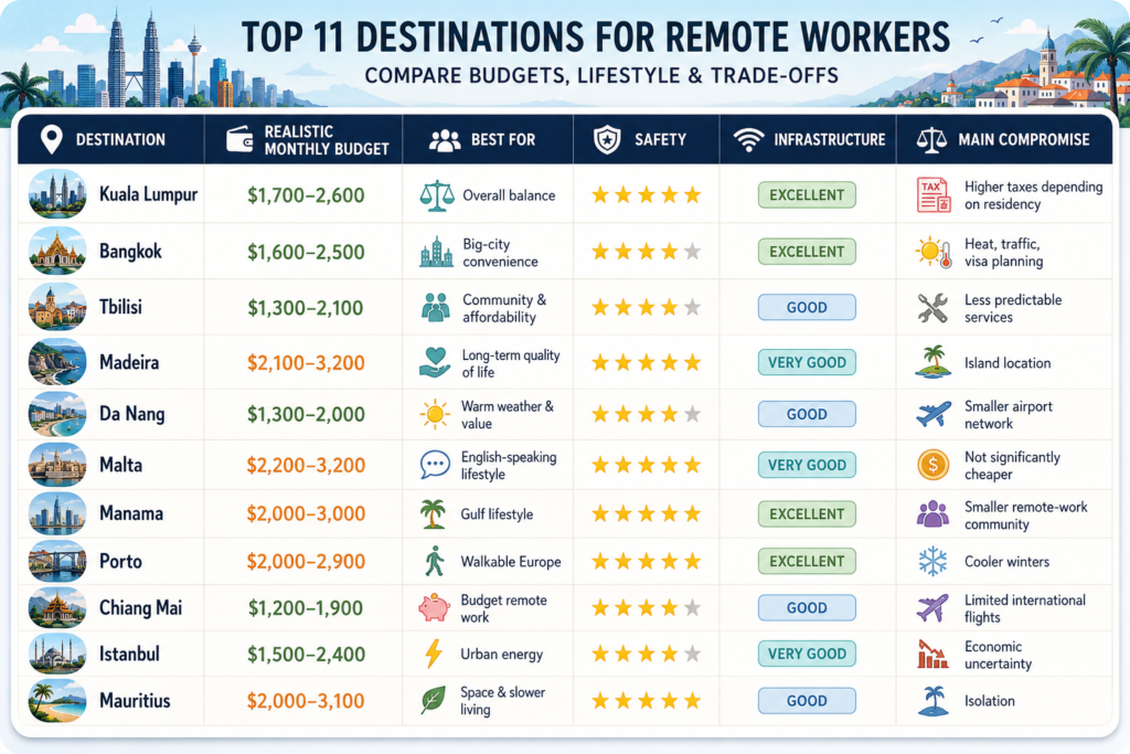 Comparison of 11 alternatives to Dubai for digital nomads, including monthly budgets, safety ratings, infrastructure, best uses and main compromises.