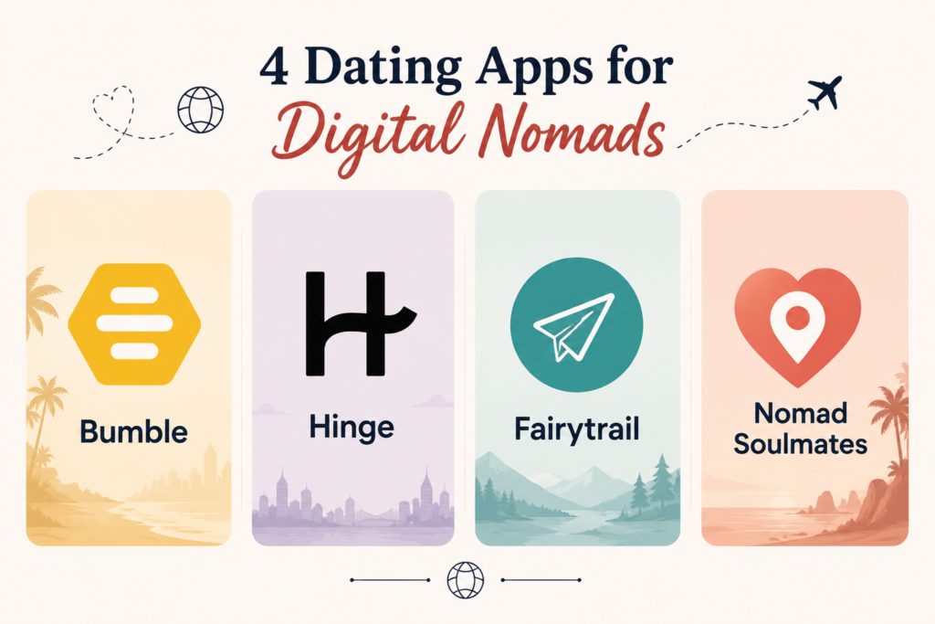 Comparison of four dating apps for digital nomads: Bumble, Hinge, Fairytrail, and Nomad Soulmates.