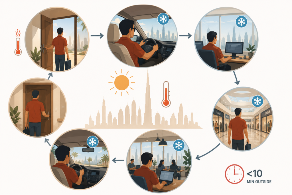 Infographic showing how many Dubai residents spend summer moving between air-conditioned homes, cars, offices and shopping malls, with very little time spent outdoors due to extreme heat.