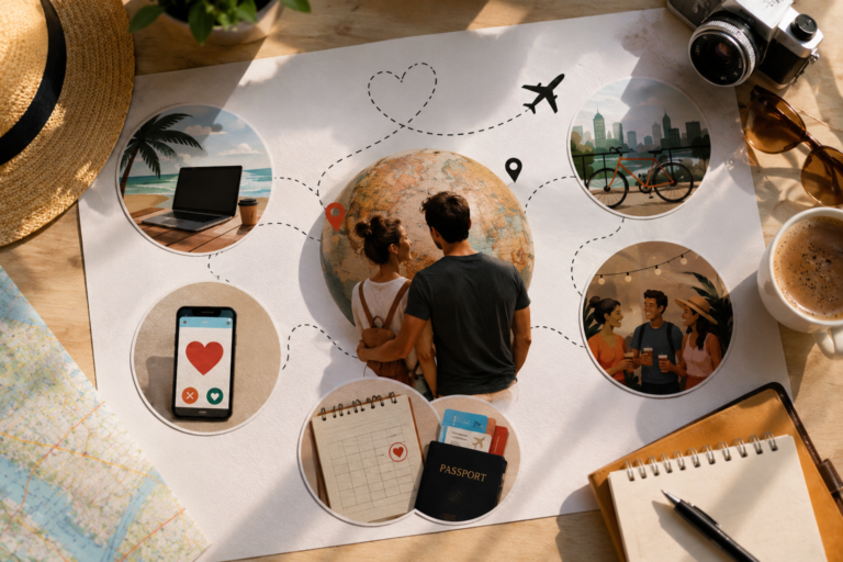Photorealistic infographic illustrating how digital nomads build relationships while traveling, featuring remote work, dating apps, travel planning, social meetups, and long-term travel.
