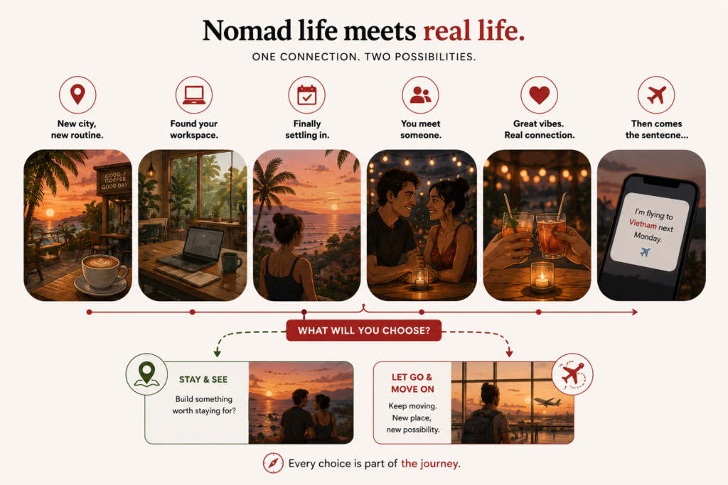Infographic showing how a promising relationship can develop while living as a digital nomad, from settling into a new city to facing the difficult choice between staying for love or continuing to travel.