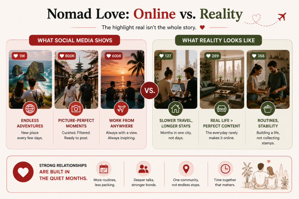 Infographic comparing the social media image of digital nomad relationships with the reality of building a lasting relationship through slow travel, stability, routines, and community.