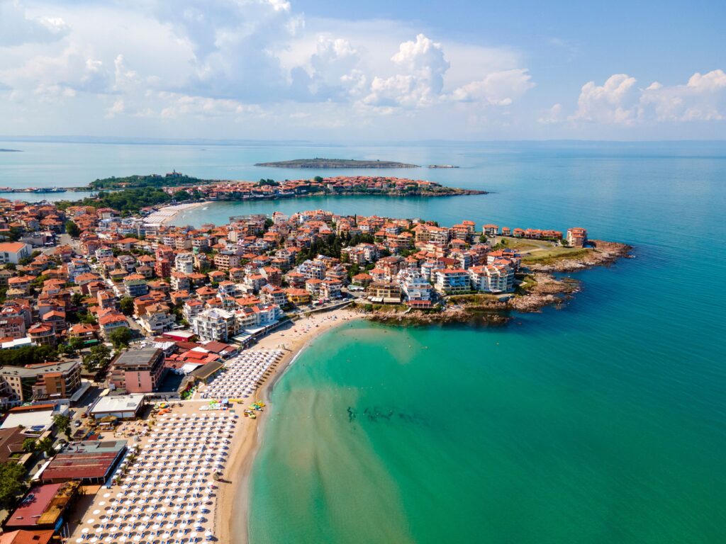 Aerial view of the Bulgarian Black Sea coast with beaches and turquoise water