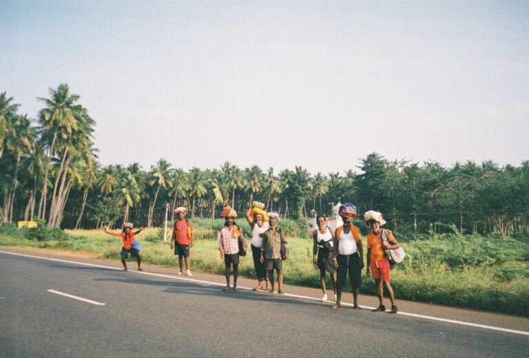 Rural road lined with palm trees in Kerala, India, with local people walking along the roadside