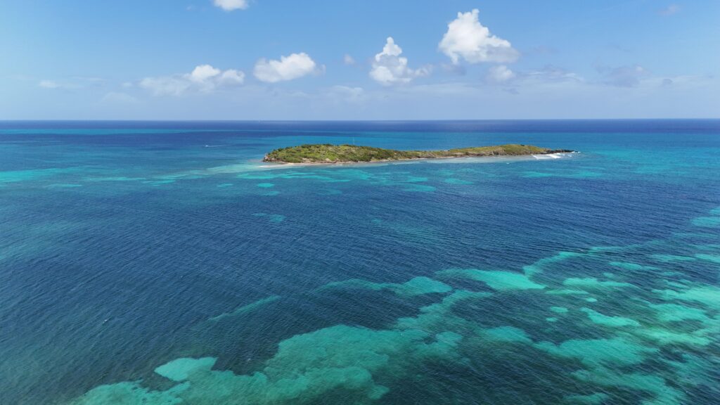 Aerial view of St. Croix, U.S. Virgin Islands, with coral reefs and turquoise Caribbean water